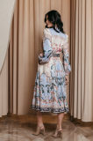 Elegant Print Row Jewelry Button Floral Lantern Sleeve Midi Dress with Belt
