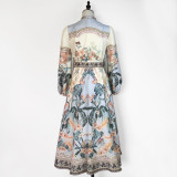 Elegant Print Row Jewelry Button Floral Lantern Sleeve Midi Dress with Belt