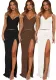 Women Suspender V Neck Pleated Slit Skirt Two Piece Set