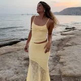 Women Summer Lace See-Through Ruffle Edge Crop Top and Skirt Two Piece Set
