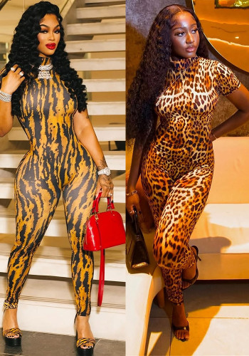 Women Trendy Printed Sexy Stretchy Short-sleeved High Neck Jumpsuit