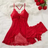 Women Sleepwear Slit Lace Sexy Lingerie Two Piece Set