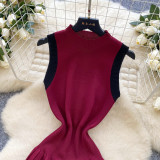 Women's Summer Sleeveless Knitting Slim Waist Contrast Color Pleated Dress