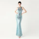 Women Halter Neck high collar hollow fishtail Bodycon fish scale sequin Formal Party evening dress