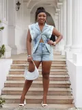 Plus Size Women Casual Short Sleeve Washed Denim Cargo Shorts Jumpsuit