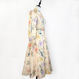 Elegant Print Row Jewelry Button Floral Lantern Sleeve Midi Dress with Belt