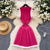 Women's Summer Sleeveless Knitting Slim Waist Contrast Color Pleated Dress