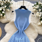 Women's Summer Sleeveless Knitting Slim Waist Contrast Color Pleated Dress