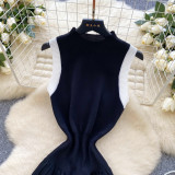 Women's Summer Sleeveless Knitting Slim Waist Contrast Color Pleated Dress
