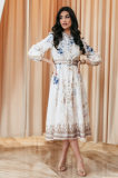 Elegant Print Row Jewelry Button Floral Lantern Sleeve Midi Dress with Belt
