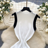 Women's Summer Sleeveless Knitting Slim Waist Contrast Color Pleated Dress