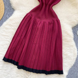 Women's Summer Sleeveless Knitting Slim Waist Contrast Color Pleated Dress