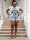 Plus Size Women Casual Short Sleeve Washed Denim Cargo Shorts Jumpsuit