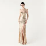 Women beaded sequin fishbone Lace-Up See-Through evening dress