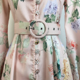 Elegant Print Row Jewelry Button Floral Lantern Sleeve Midi Dress with Belt