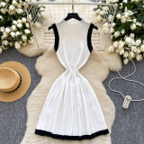 Women's Summer Sleeveless Knitting Slim Waist Contrast Color Pleated Dress