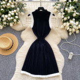 Women's Summer Sleeveless Knitting Slim Waist Contrast Color Pleated Dress