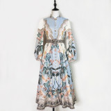 Elegant Print Row Jewelry Button Floral Lantern Sleeve Midi Dress with Belt
