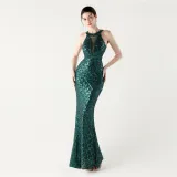 Women Halter Neck high collar hollow fishtail Bodycon fish scale sequin Formal Party evening dress