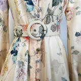 Elegant Print Row Jewelry Button Floral Lantern Sleeve Midi Dress with Belt