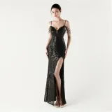 Women beaded sequin fishbone Lace-Up See-Through evening dress