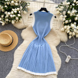 Women's Summer Sleeveless Knitting Slim Waist Contrast Color Pleated Dress