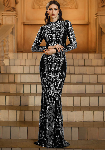 Women long-sleeved round neck Bodycon sequins Formal Party fishtail evening dress