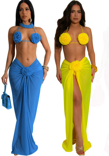 Women Multi-Color Sexy Backless Halter Neck Bikini Three-Piece