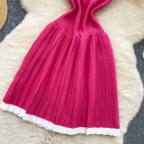 Women's Summer Sleeveless Knitting Slim Waist Contrast Color Pleated Dress