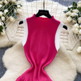 Women's Summer Sleeveless Knitting Slim Waist Contrast Color Pleated Dress