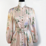 Elegant Print Row Jewelry Button Floral Lantern Sleeve Midi Dress with Belt
