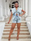 Plus Size Women Casual Short Sleeve Washed Denim Cargo Shorts Jumpsuit