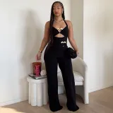 Women Summer Sexy Metal Button Hollow Sexy Backless Halter Neck Jumpsuit