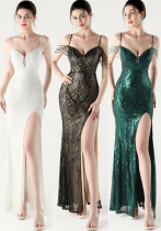Women beaded sequin fishbone Lace-Up See-Through evening dress