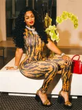Women Trendy Printed Sexy Stretchy Short-sleeved High Neck Jumpsuit