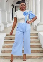 Plus Size Women Round Neck Short Sleeve Striped Top and Contrast Wide Leg Pants Two Piece Set