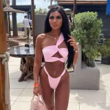 Women Sexy Solid One Shoulder Lace-Up Bikini Swimsuit Three-Piece