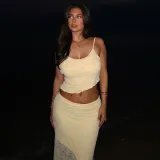 Women Summer Lace See-Through Ruffle Edge Crop Top and Skirt Two Piece Set