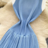 Women's Summer Sleeveless Knitting Slim Waist Contrast Color Pleated Dress