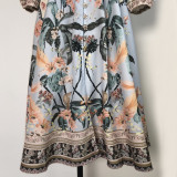 Elegant Print Row Jewelry Button Floral Lantern Sleeve Midi Dress with Belt