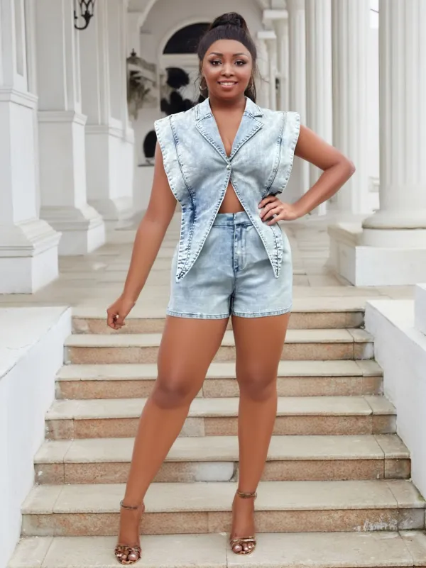 Plus Size Women Casual Short Sleeve Washed Denim Cargo Shorts Jumpsuit