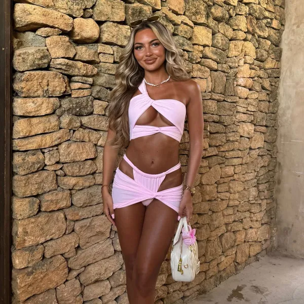 Women Sexy Solid One Shoulder Lace-Up Bikini Swimsuit Three-Piece