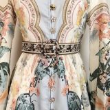 Elegant Print Row Jewelry Button Floral Lantern Sleeve Midi Dress with Belt