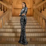 Women long-sleeved round neck Bodycon sequins Formal Party fishtail evening dress
