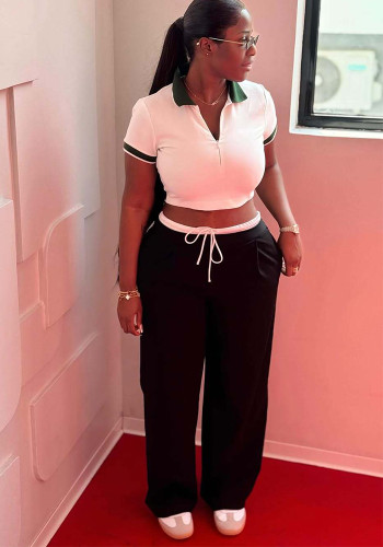 Women Contrast Turndown Collar Short Sleeve Crop Top Lace Trousers Two Piece Set