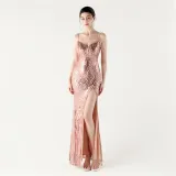 Women beaded sequin fishbone Lace-Up See-Through evening dress