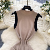 Women's Summer Sleeveless Knitting Slim Waist Contrast Color Pleated Dress