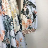 Elegant Print Row Jewelry Button Floral Lantern Sleeve Midi Dress with Belt