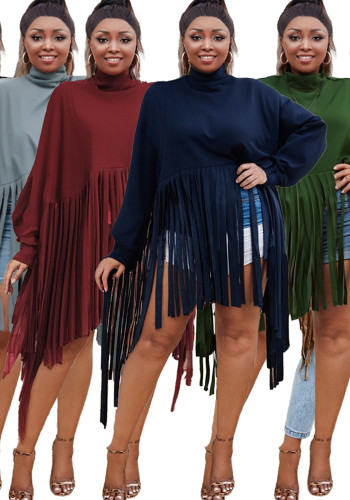 Plus Size Women Solid Long Sleeve Tassel Dress