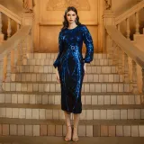 Women long-sleeved round neck sequins Formal Party Maxi evening dress